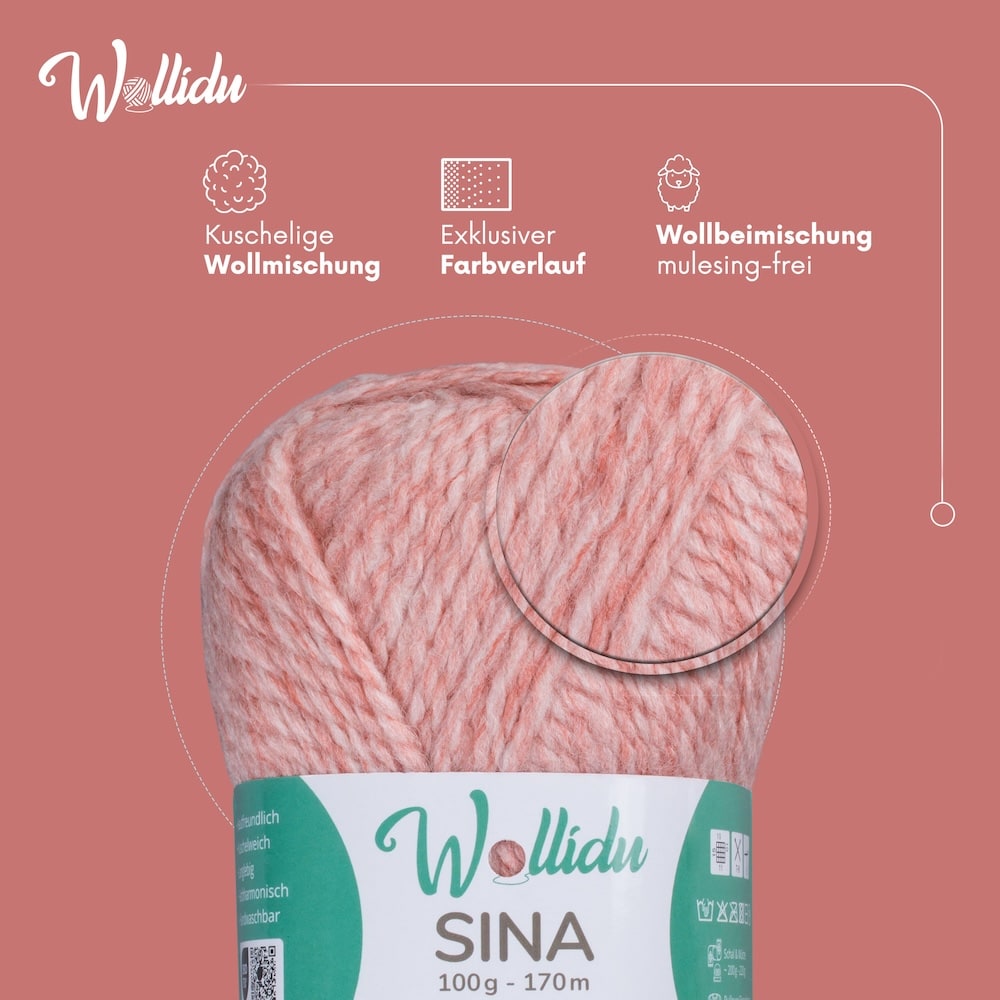 Wollidu Sina Strickwolle Häkelwolle 80% Polyacryl 20% Wolle 5x 100g/170m - Hellrosa Melange