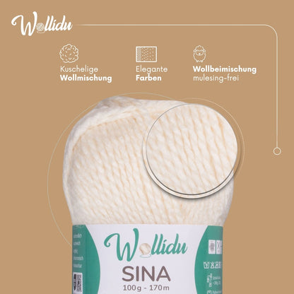 Wollidu Sina Strickwolle Häkelwolle 80% Polyacryl 20% Wolle 5x 100g/170m - Creme