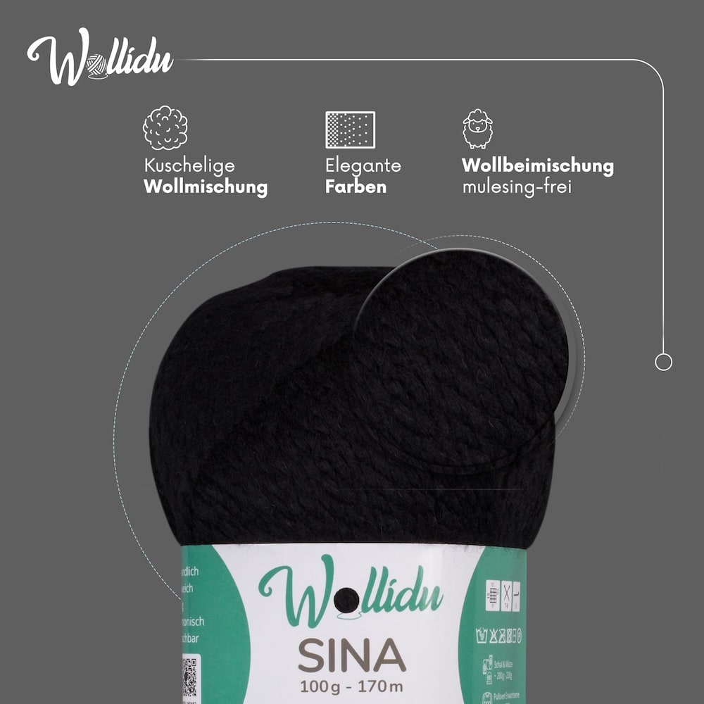 Wollidu Sina Strickwolle Häkelwolle 80% Polyacryl 20% Wolle 5x 100g/170m - Schwarz