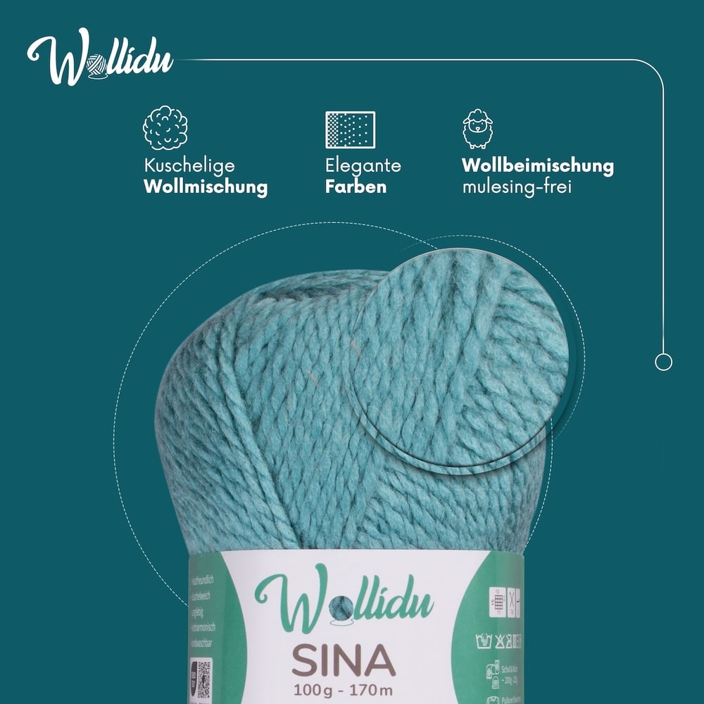 Wollidu Sina Strickwolle Häkelwolle 80% Polyacryl 20% Wolle 5x 100g/170m - Türkis