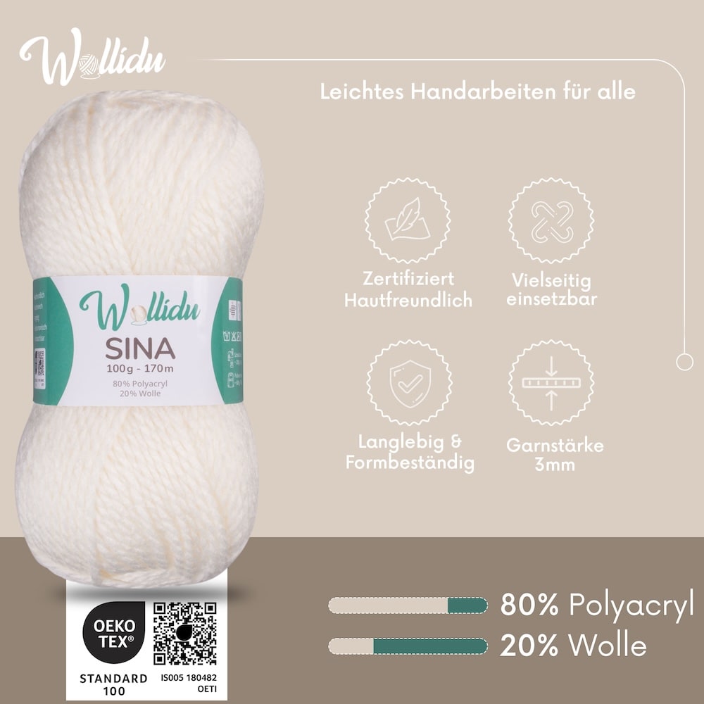 Wollidu Sina Strickwolle Häkelwolle 80% Polyacryl 20% Wolle 5x 100g/170m - Naturweiß