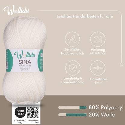 Wollidu Sina Strickwolle Häkelwolle 80% Polyacryl 20% Wolle 5x 100g/170m - Naturweiß