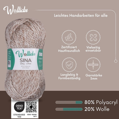 Wollidu Sina Strickwolle Häkelwolle 80% Polyacryl 20% Wolle 5x 100g/170m - Beige Melange