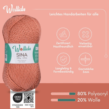 Wollidu Sina Strickwolle Häkelwolle 80% Polyacryl 20% Wolle 5x 100g/170m - Erdrosa