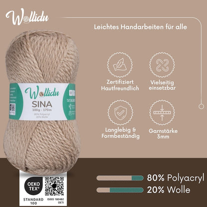 Wollidu Sina Strickwolle Häkelwolle 80% Polyacryl 20% Wolle 5x 100g/170m - Hellbraun