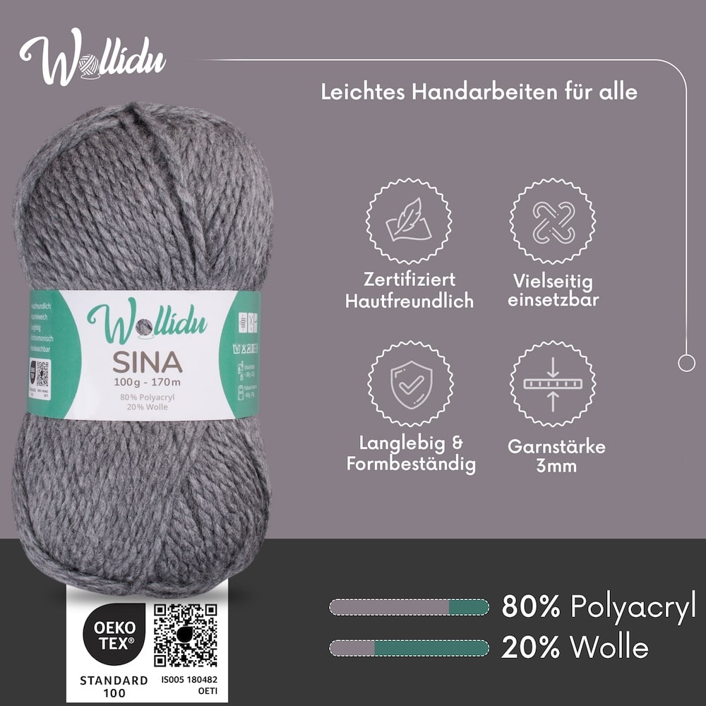 Wollidu Sina Strickwolle Häkelwolle 80% Polyacryl 20% Wolle 5x 100g/170m - Dunkelgrau