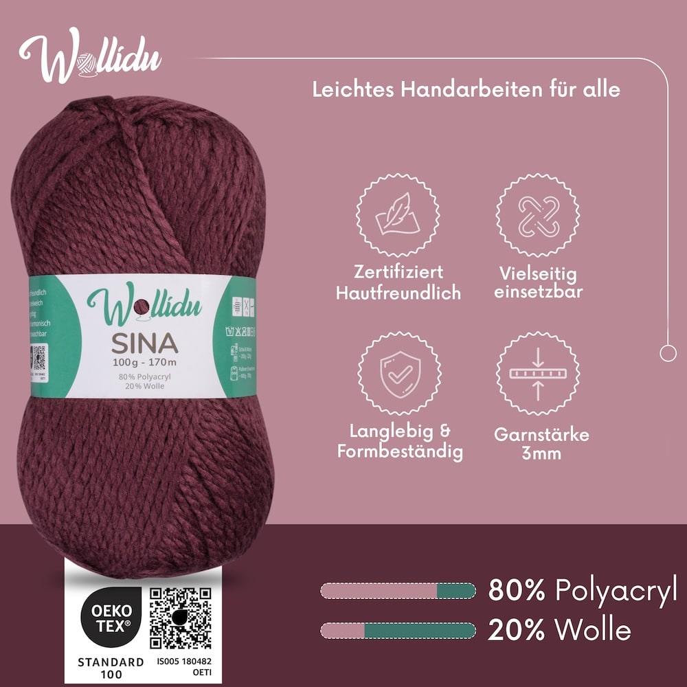 Wollidu Sina Strickwolle Häkelwolle 80% Polyacryl 20% Wolle 5x 100g/170m - Bordeux Weinrot