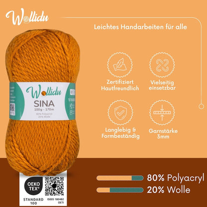 Wollidu Sina Strickwolle Häkelwolle 80% Polyacryl 20% Wolle 5x 100g/170m - Orange