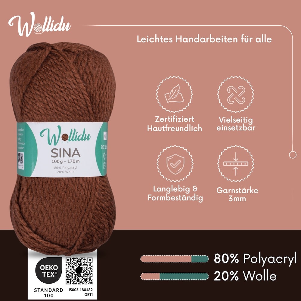 Wollidu Sina Strickwolle Häkelwolle 80% Polyacryl 20% Wolle 5x 100g/170m - Dunkelbraun