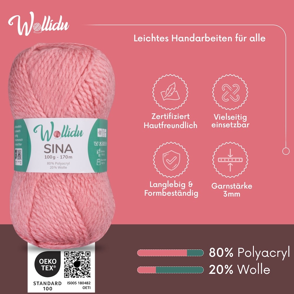Wollidu Sina Strickwolle Häkelwolle 80% Polyacryl 20% Wolle 5x 100g/170m - Zartrosa