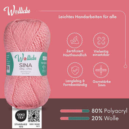 Wollidu Sina Strickwolle Häkelwolle 80% Polyacryl 20% Wolle 5x 100g/170m - Zartrosa