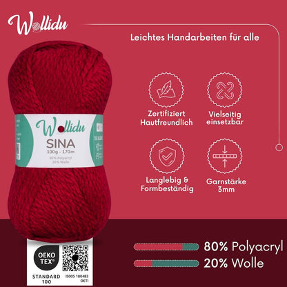 Wollidu Sina Strickwolle Häkelwolle 80% Polyacryl 20% Wolle 5x 100g/170m - Dunkelrot