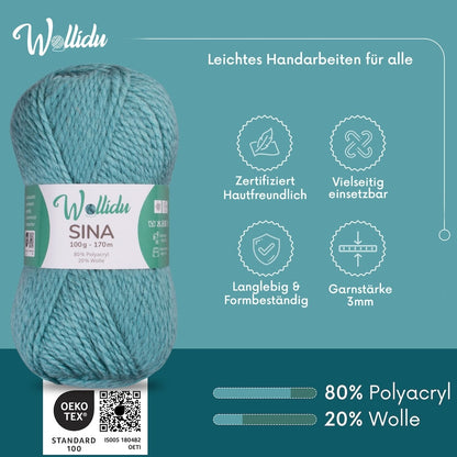 Wollidu Sina Strickwolle Häkelwolle 80% Polyacryl 20% Wolle 5x 100g/170m - Türkis