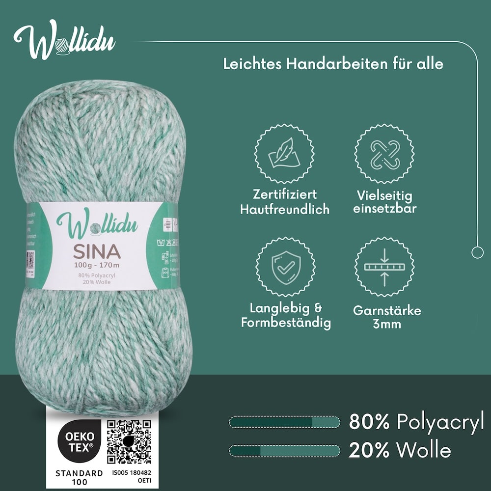 Wollidu Sina Strickwolle Häkelwolle 80% Polyacryl 20% Wolle 5x 100g/170m - Minze Grün Melange