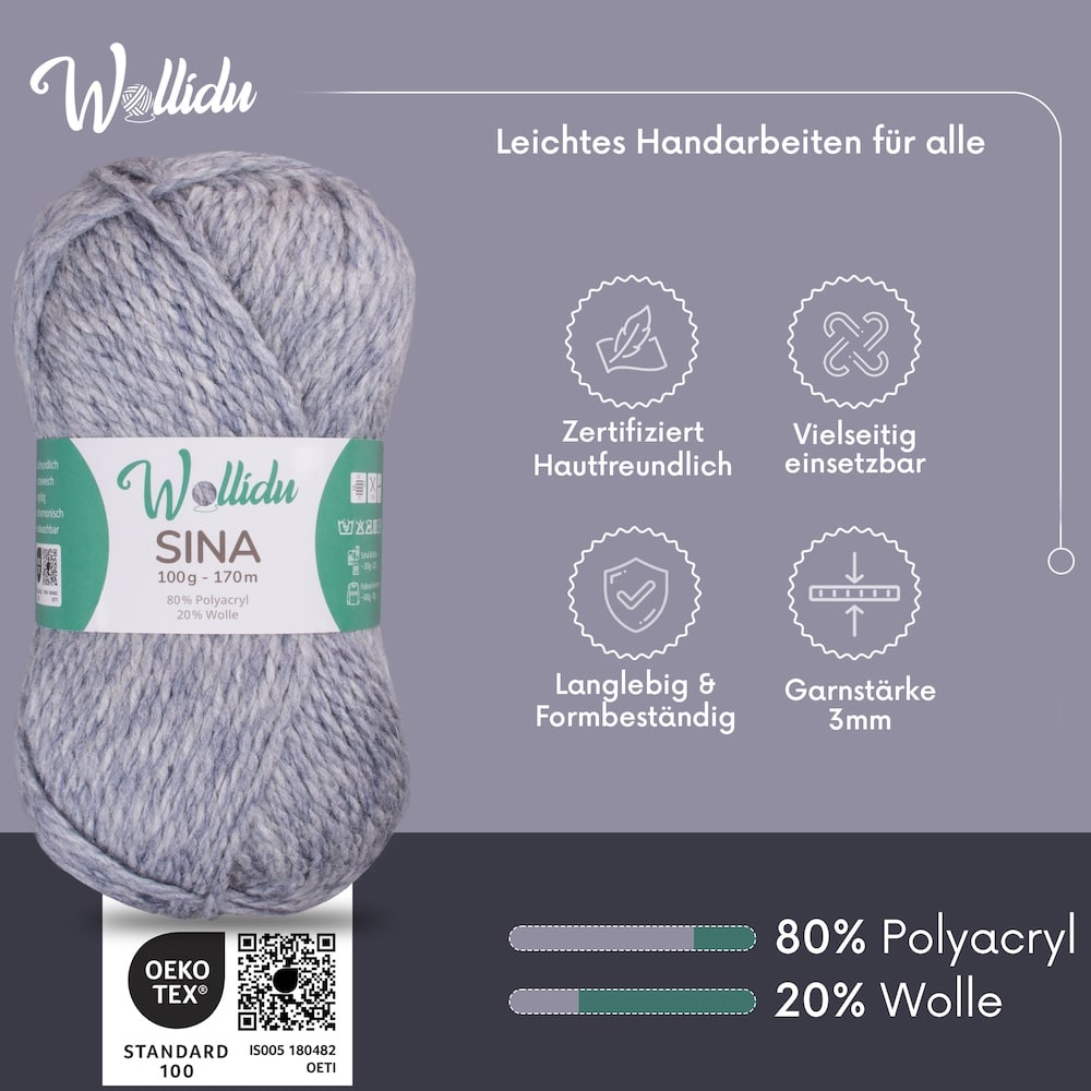 Wollidu Sina Strickwolle Häkelwolle 80% Polyacryl 20% Wolle 5x 100g/170m - Jeans Blau Melange