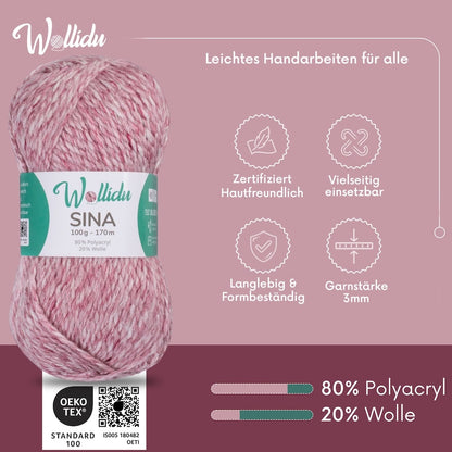 Wollidu Sina Strickwolle Häkelwolle 80% Polyacryl 20% Wolle 5x 100g/170m - Altrosa Melange