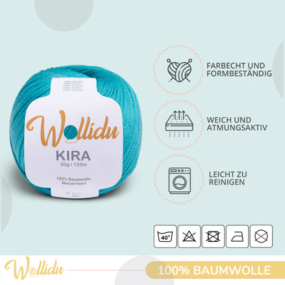 Wollidu Kira 10er Set 100% Baumwolle mercirisiert - 10x 50g Häkelgarn Strickgarn Türkis