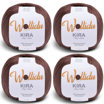 Wollidu Kira 4er Set 100% Baumwolle mercirisiert - 4x 50g Häkelgarn Strickgarn Braun