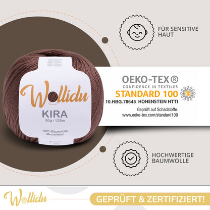 Wollidu Kira 10er Set 100% Baumwolle mercirisiert - 10x 50g Häkelgarn Strickgarn Braun