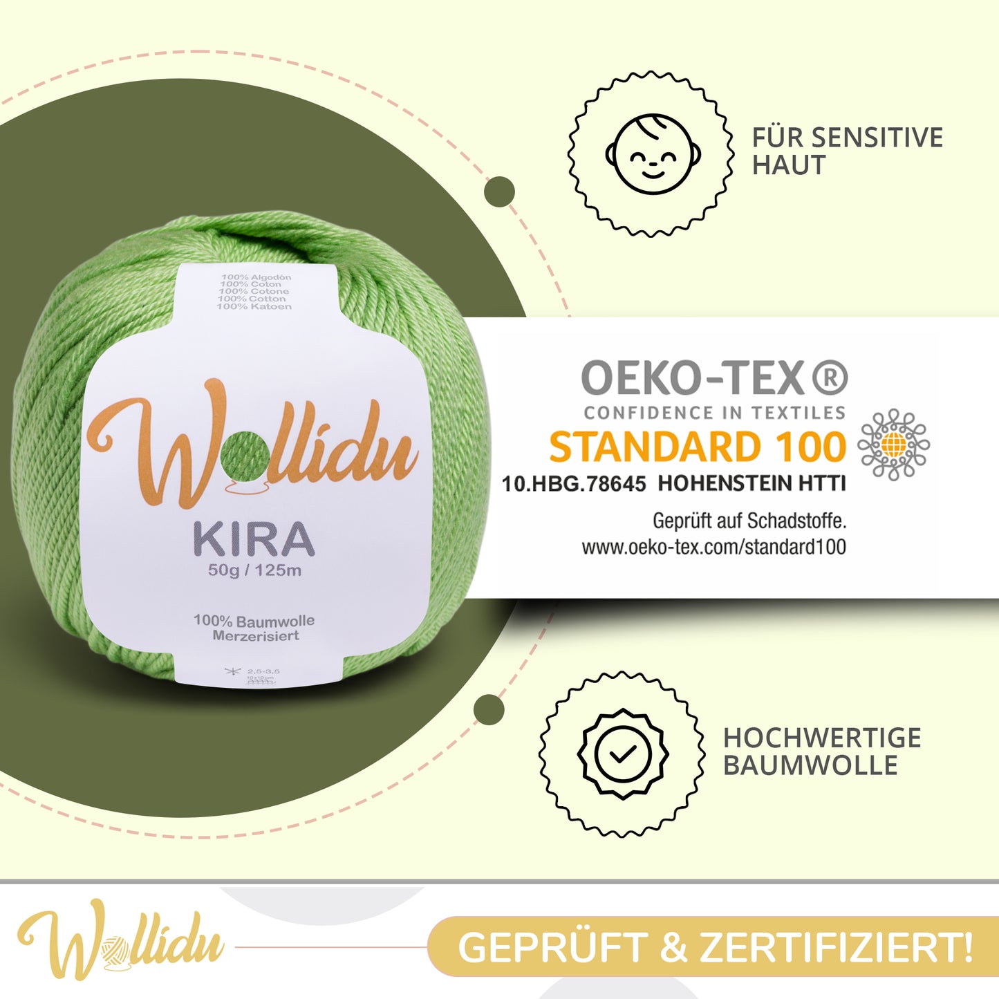 Wollidu Kira 10er Set 100% Baumwolle mercirisiert - 10x 50g Häkelgarn Strickgarn Hellgrün