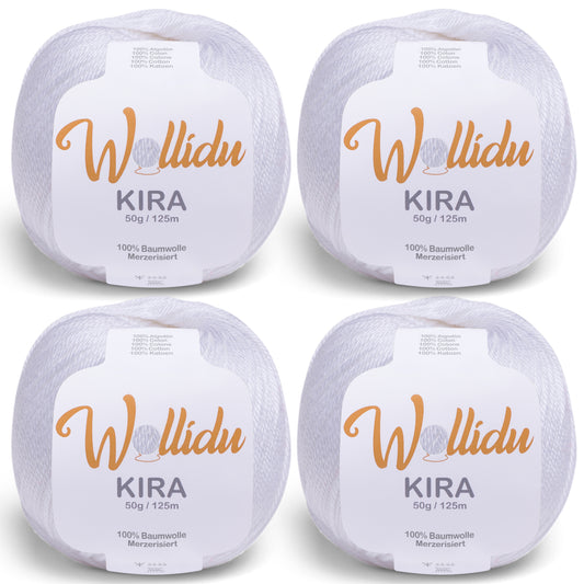 Wollidu Kira 4er Set 100% Baumwolle mercirisiert - 4x 50g Häkelgarn Strickgarn Weiß