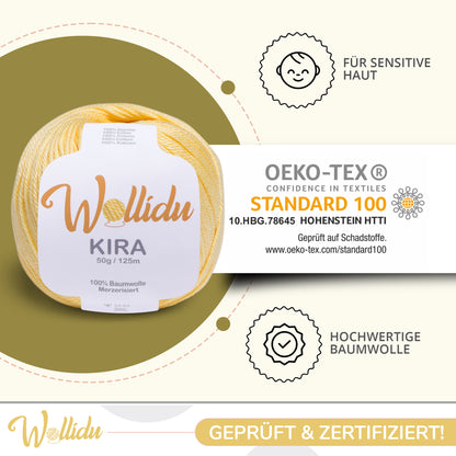 Wollidu Kira 10er Set 100% Baumwolle mercirisiert - 10x 50g Häkelgarn Strickgarn Gelb