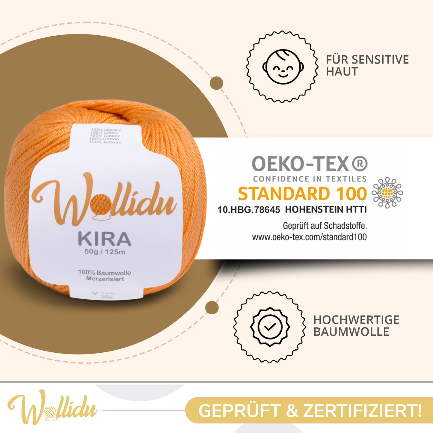 Wollidu Kira 10er Set 100% Baumwolle mercirisiert - 10x 50g Häkelgarn Strickgarn Orange