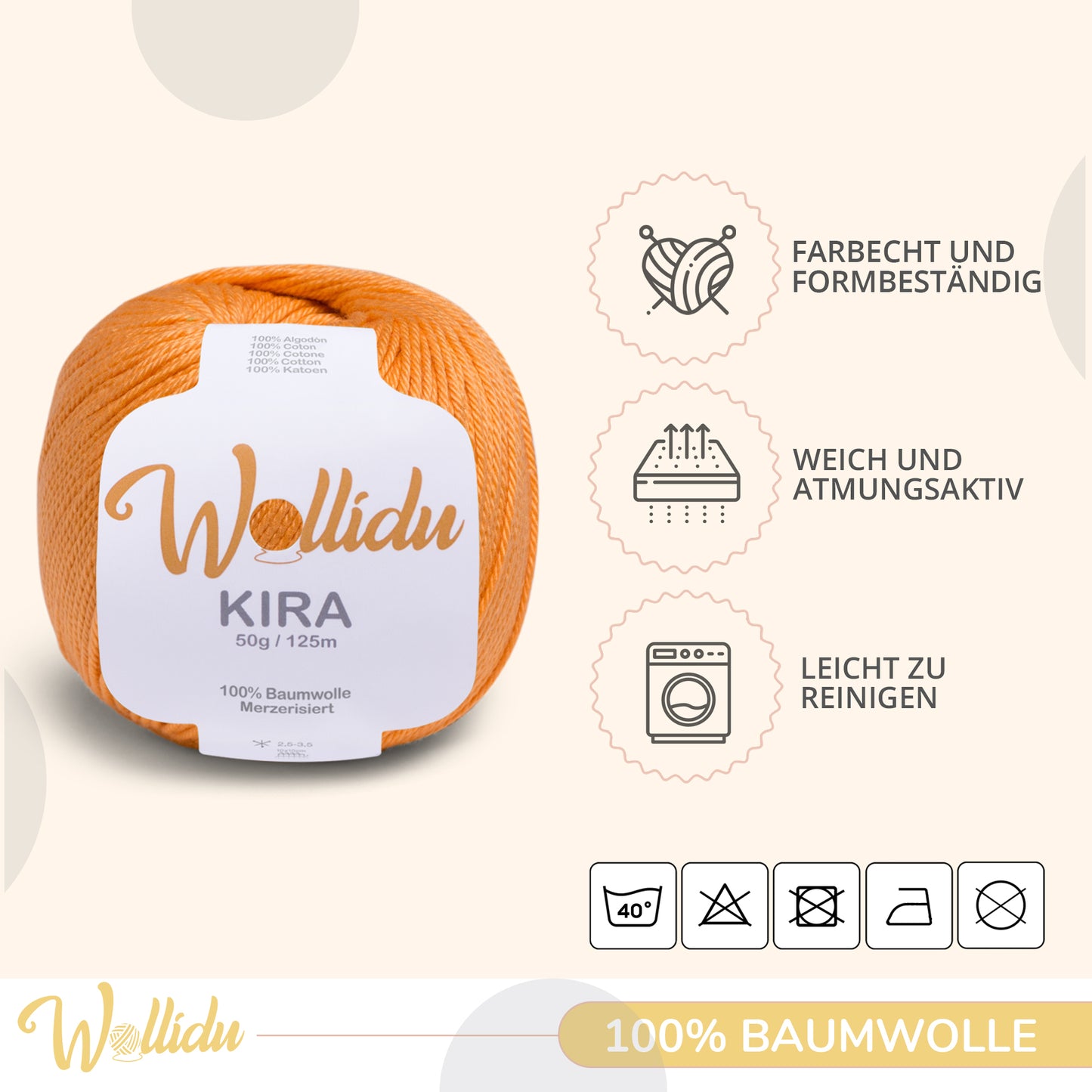 Wollidu Kira 4er Set 100% Baumwolle mercirisiert - 4x 50g Häkelgarn Strickgarn Orange