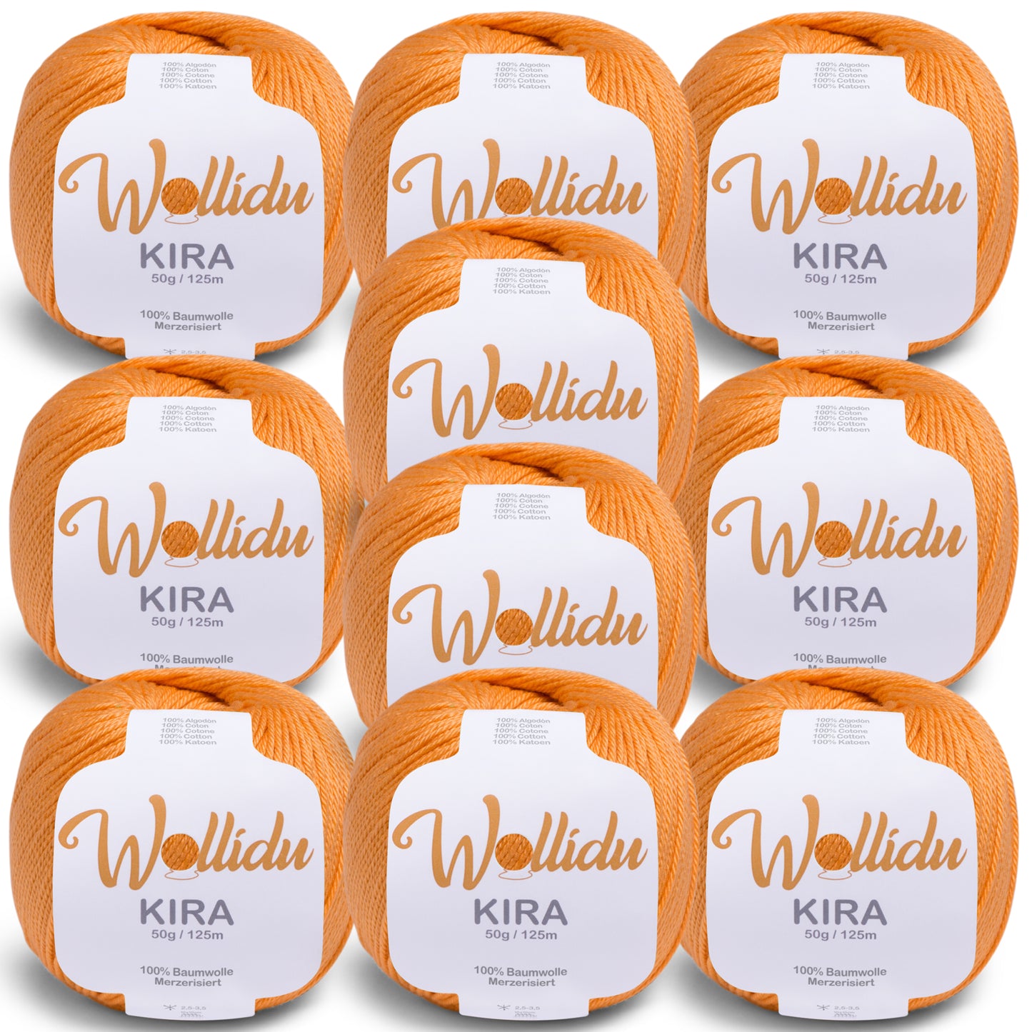 Wollidu Kira 10er Set 100% Baumwolle mercirisiert - 10x 50g Häkelgarn Strickgarn Orange