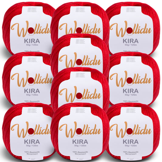 Wollidu Kira 10er Set 100% Baumwolle mercirisiert - 10x 50g Häkelgarn Strickgarn Rot