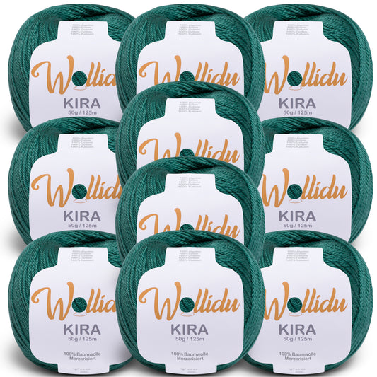 Wollidu Kira 10er Set 100% Baumwolle mercirisiert - 10x 50g Häkelgarn Strickgarn Dunkelgrün
